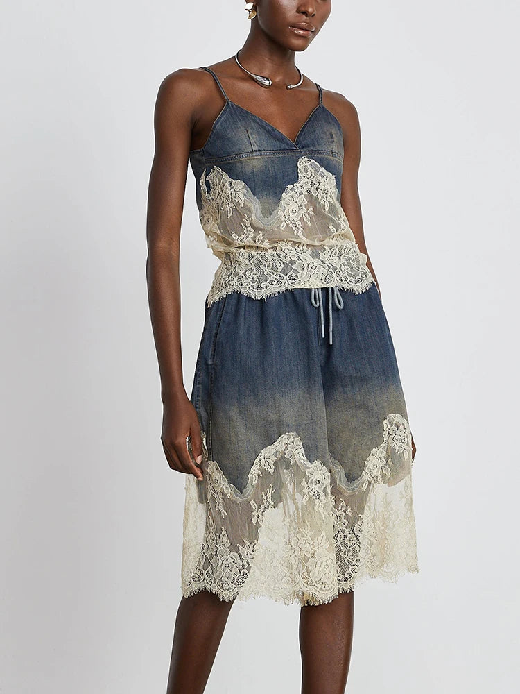 Stylish two-piece denim set for women with lace accents, featuring a denim camisole and matching shorts. Perfect for casual and chic occasions.