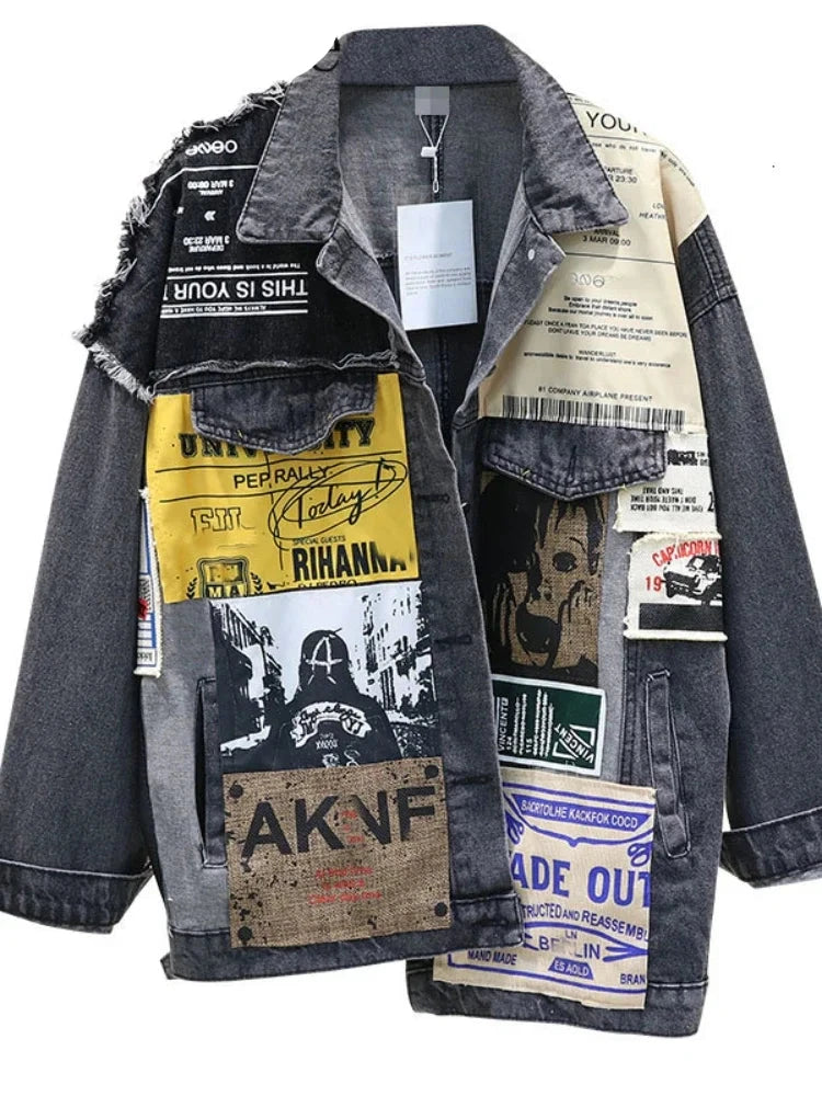 A stylish vintage denim jacket with colorful graphic patches, perfect for a bold and unique fashion statement.