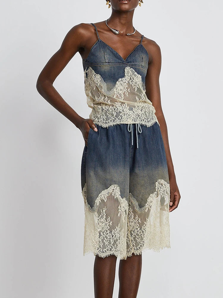 Stylish two-piece denim set for women with lace accents, featuring a denim camisole and matching shorts. Perfect for casual and chic occasions.