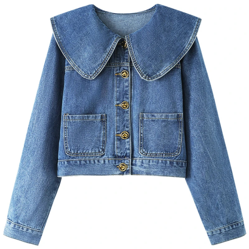 A fashionable women's denim jacket with a Peter Pan collar and button-up design, featuring practical pockets for a stylish and versatile look.