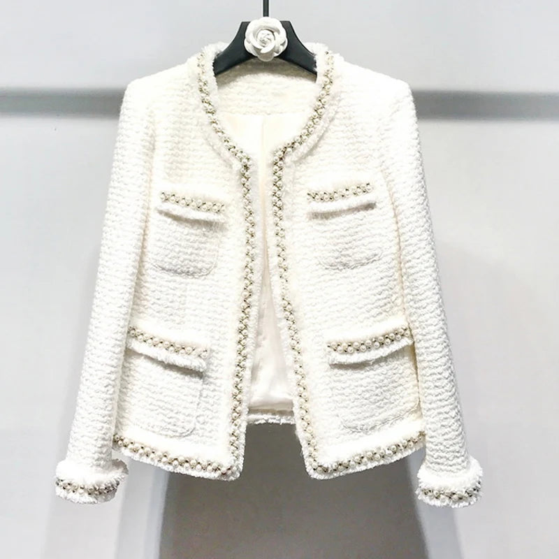 &nbsp;White tweed women jacket with hand-made beads, perfect for spring, autumn, and winter. Elegant woolen coat for ladies.