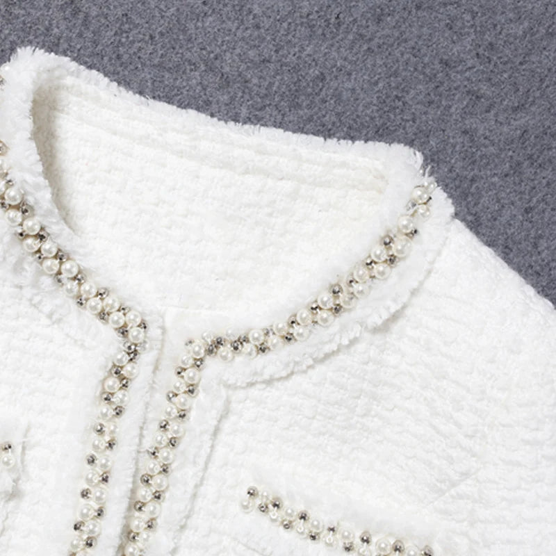 &nbsp;White tweed women jacket with hand-made beads, perfect for spring, autumn, and winter. Elegant woolen coat for ladies.