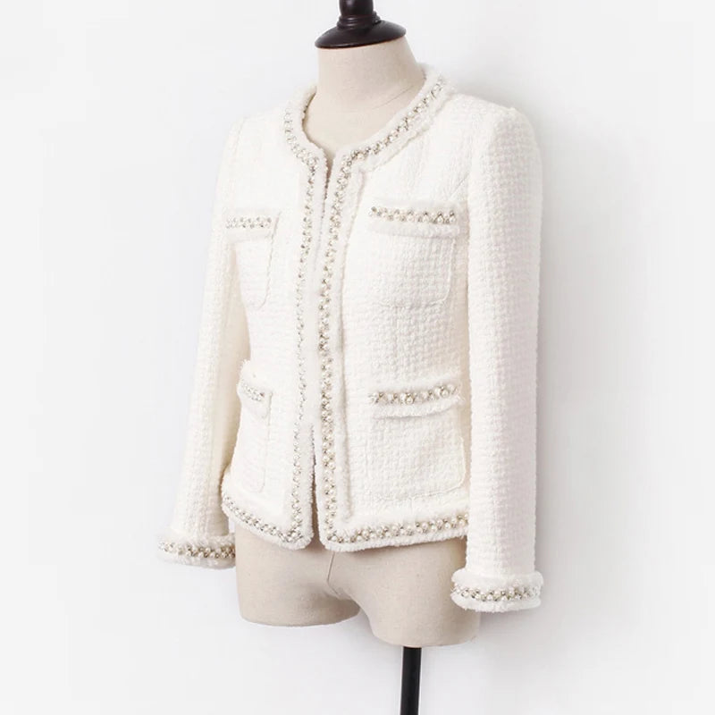 &nbsp;White tweed women jacket with hand-made beads, perfect for spring, autumn, and winter. Elegant woolen coat for ladies.