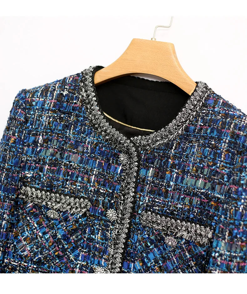 Elegant blue tweed jacket for women, perfect for spring, autumn, and winter. High-end socialite classic small fragrant style.