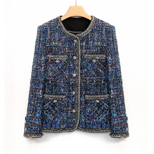 Elegant blue tweed jacket for women, perfect for spring, autumn, and winter. High-end socialite classic small fragrant style.