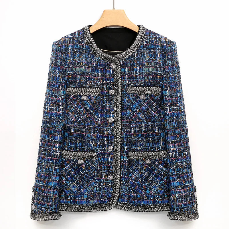 Elegant blue tweed jacket for women, perfect for spring, autumn, and winter. High-end socialite classic small fragrant style.