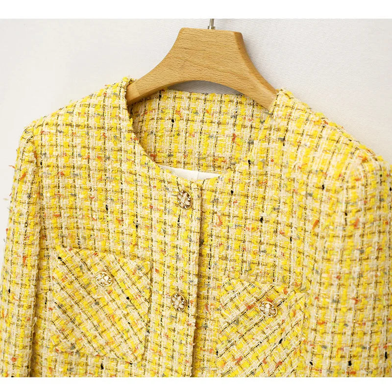 Yellow Luxury Woven Tweed Coat for Women - Casual Fashion, Loose Fit, O Neck, Long Sleeve, High-Quality French Tweed Coat-vestes novas 