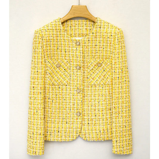 Yellow Luxury Woven Tweed Coat for Women - Casual Fashion, Loose Fit, O Neck, Long Sleeve, High-Quality French Tweed Coat-vestes novas 