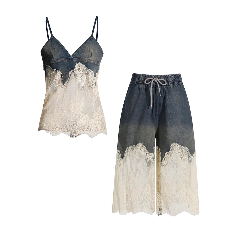 Stylish two-piece denim set for women with lace accents, featuring a denim camisole and matching shorts. Perfect for casual and chic occasions.