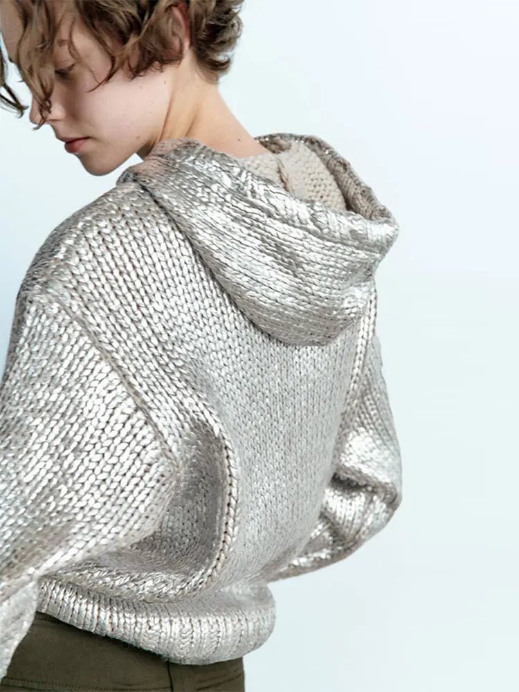 Women Chic Metallic Rib Trim Foil Hooded Sweater - Vestes Novas