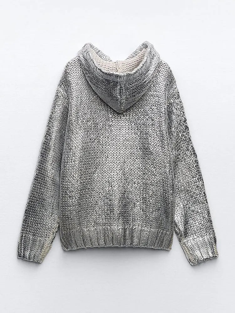 Women Chic Metallic Rib Trim Foil Hooded Sweater - Vestes Novas