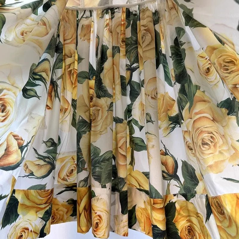 Yellow Rose Floral Print Mini Dress - Vestes Novas